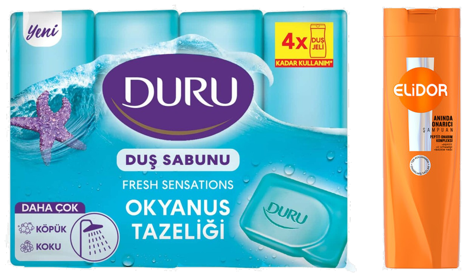 Duru sabun ve Elidor şampuan